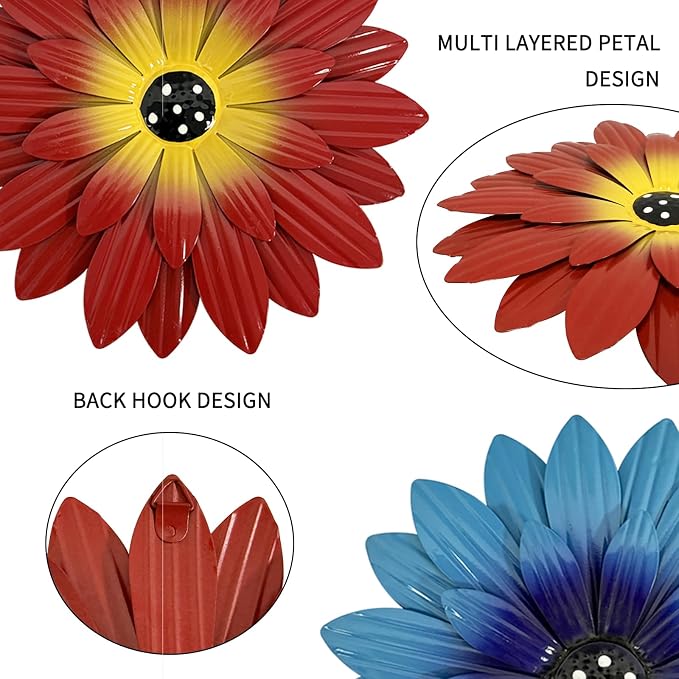 Outdoor Metal Flowers Butterfly Wall Art Decor, Fence Wall Art Decoration, Suitable for Hanging Decoration on Outdoor Fences, Gardens, Courtyards, and Terraces (4, Colorful)