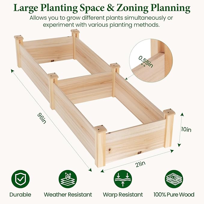 MIXC 8×2ft Wooden Horticulture Raised Garden Bed Outdoor Divisible Elevated Planting Planter Box for Vegetables, Herbs, Strawberry, Flowers in Backyard and Patio, Natural Wood