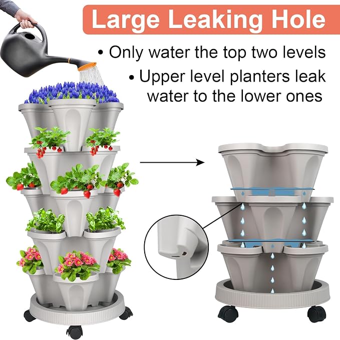 GameXcel Vertical Planter Tower - 7 Tier Stackable Garden Planters with Wheels and Tools Plant Pots for Strawberry Herb Flower and Vegetable Indoor Outdoor Use Gray