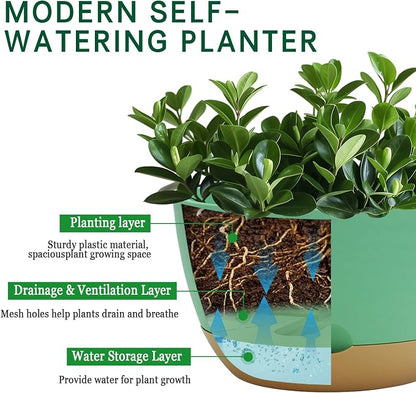 Koalaime 8/10/12 Inch Pots for Indoor Plants, Large Self Watering Planters with Drainage and Saucers, Plastic Outdoor Flower Pot, Set of 3, Green