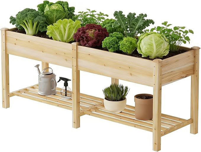 72x24x30.5in Raised Garden Bed Elevated Wood Planter Box with Shelf Garden Planter with Legs for Backyard, Patio, Balcony w/Divider Liner, 300lb Capacity -(Natural)