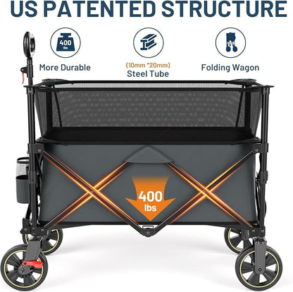 Timber Ridge 350L Extra Large Collapsible Folding Wagon Carts with Brake, Heavy Duty Outdoor Camping Utility Wagons with Extended Height, Adjustable Handle, Cup Holders, Side Bag (Gray)