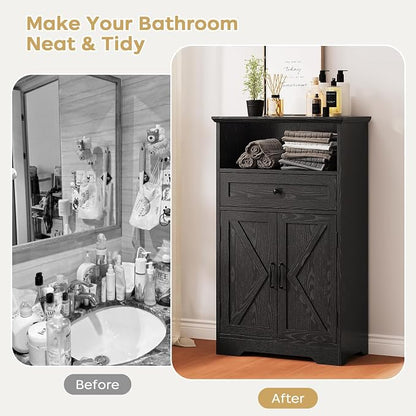 Floor Cabinet, Farmhouse Storage Cabinet with Barn Doors and Drawer, 11.81" D x 23.62" W x 39.37" H Black Freestanding Adjustable Shelf Organizer for Bathroom, Kitchen, Living Room
