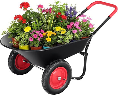 2 Wheel Wheelbarrow, Dual-Wheel Garden Dump Cart with 13" Non-Slip Pneumatic Tires & Ergonomic Padded Handle, Heavy-Duty Home Utility Yard Cart Wagon with 4.5 Cu Ft Capacity for Lawn, Gardening