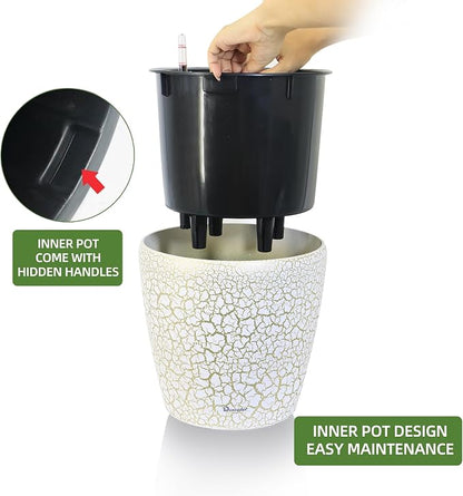 Dexceder 9x8 Self Watering Planter (White Gold Crackle) | Inner Pot Design, Thickened Table Flower Plant Pot with Water Level Indicator Indoor Outdoor