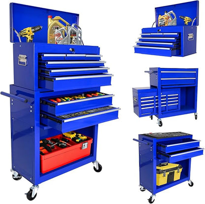 8-Drawer Tool Chest, Detachable Top Box for Garage,Blue | Rolling Mobile Storage Cabinet Organizer with Lockable Wheels for Workshop Utility, Heavy Duty Metal Construction
