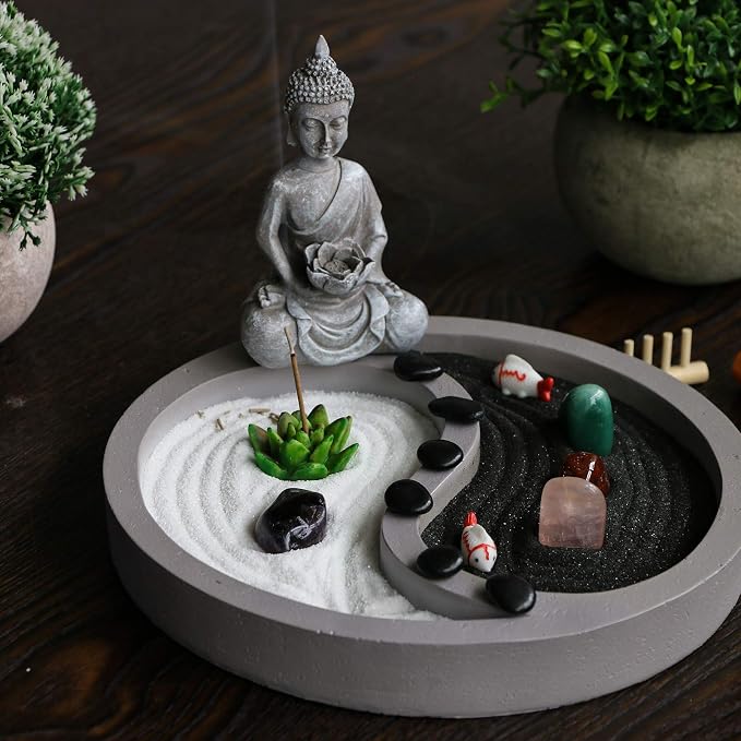 BangBangDa Mini Zen Garden Kit for-Desk - Yin Yang Crystal Sand Rock Garden with Zen Rake Buddha Statue Healing Stones White Sand, Japanese Meditation Gift Set for Home Office Desktop Fidget Toys