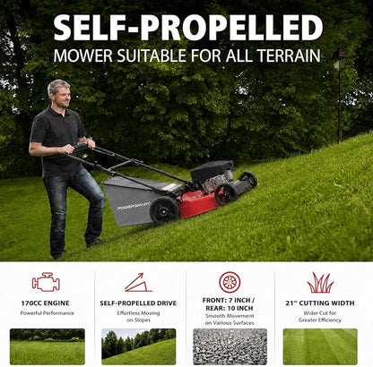 PowerSmart 21" Gas Self-Propelled Lawn Mower for Hills & Medium Yards | 170cc OHV | 3-in-1 Mulching/Bagging/Discharge | 6-Position Height | Alloy Steel Deck | Easy Start | Rear-Wheel Drive