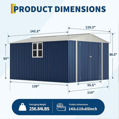 Garvee 10x12 FT Metal Storage Shed – Lockable Doors, Floor Frame, Blue | Spacious 10x12 interior – stores bikes, tools, and more.