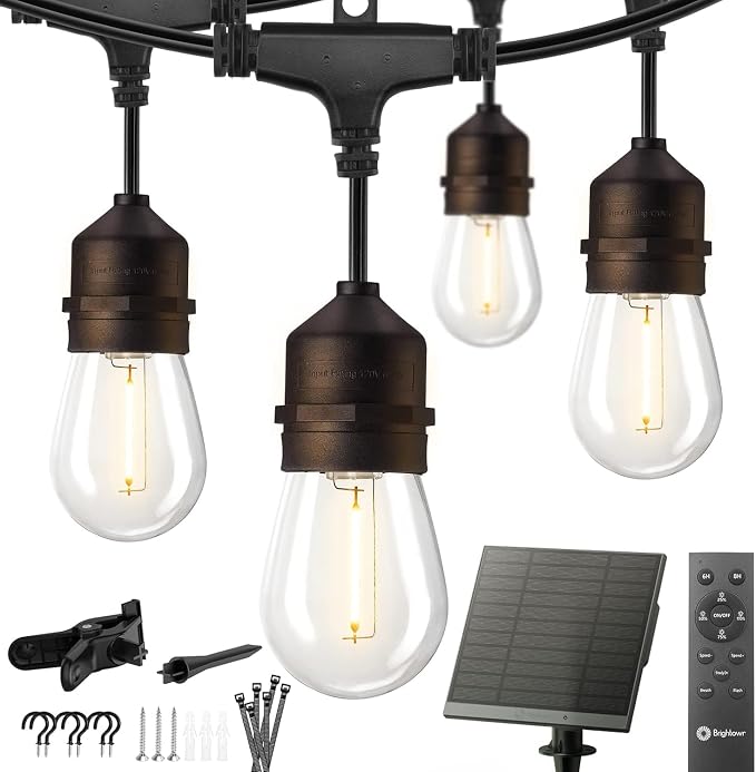 Brightown 55FT Solar String Lights Outdoor Waterproof, Patio Lights with Remote and 16+1 LED Shatterproof Bulbs, Dimmable & Timable, 3 Light Modes, Solar Lights Outdoor for Yard Garden Camping Party