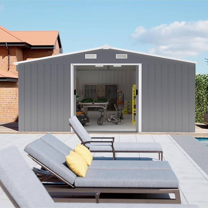10x12 FT Outdoor Storage Shed Metal Garden Tool Shed with 2 Windows,Waterproof Tool Shed W/Sliding Door & Vents,for Bike Storage,Dark Gray