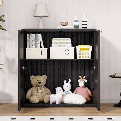 HOMSPARK Indoor/Outdoor Storage Cabinet with Doors and Shelf, 34”x15”x36” HDPE Plastic Storage Box Waterproof for Patio, Garden, Balcony, Multi-Purpose for Daily Tools, Black