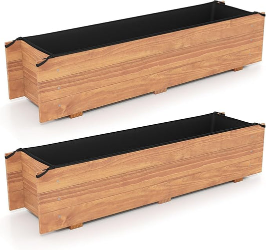 HAPPYGRILL Raised Garden Bed, Wood Flower Planter Box w/4 Drainage Holes, Black Liner for Containing Soil, Indoor Outdoor Wooden Plant Container for Backyard, Patio, Balcony (2,44" x 11" x 10")