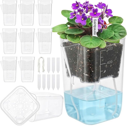 3" Clear Self Watering Pots for Indoor Plants, 8PCS Mini Plastic Nursery Planters with Water Level Indicator & Drainage Holes for Propagation,Succulents,Seedling,African Violet,Plant Labels