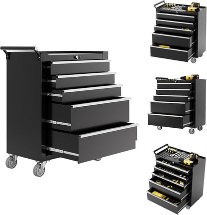 IDEALHOUSE Rolling Tool Chest, 5 Drawers Tool Storage Cabinet, Toolbox with Wheels, Portable Tool Cabinet Organizer with Locking System & Drawer Liners, Tool Storage Cart for Garage, Workshop, Black