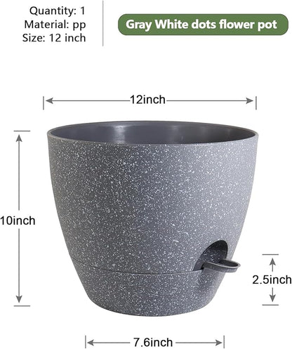 WSMKSZ 12 inch Large Self Watering Pots, Planter, Plant Pots with Mesh Drainage Holes for Indoor Outdoor House Plants and Garden, Plastic Flower Pots with Deep Reservoir, Speckled Grey