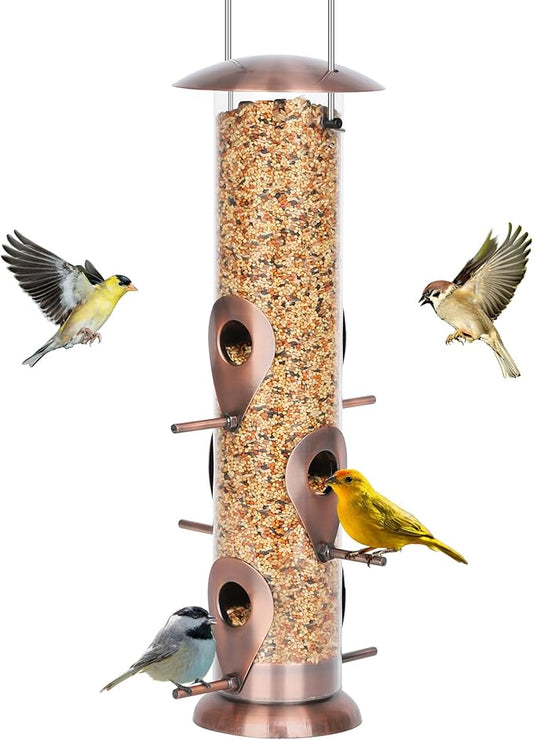 FEED GARDEN Metal Bird Feeder - 6 Port Tube Feeder for Outdoors, Heavy Duty Squirrel Proof with Metal Lid, Easy Fill & Clean, Weather Resistant Copper Finish, 13 Inch