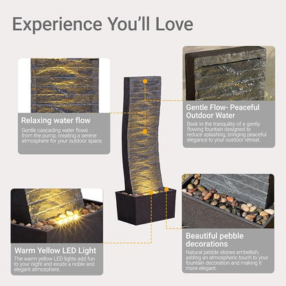 Curved Outdoor Waterfall Fountain, 36.2" Elegant Outdoor Water Fountain with LED Lights for Patio, Garden, Backyard, Modern Large Relaxing Water Feature (24382)