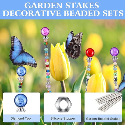 Therwen Pack of 8 DIY Mini Garden Beaded Stakes Wands Kit Include 8 Pcs Threaded Rods, 8 Pcs Hex Nuts and 8 Diamond Stopper Tops Outdoor (12 Inch, 8 Mixed Diamond Top Color)