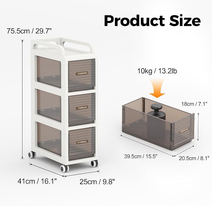 Bathroom Storage with Drawers, 7.87" Wide Slim Storage Cabinet with Wheels for Small Spaces, Narraw Cart for Kitchen Office Bedroom Dinning Room Under Desk, 26" Tall