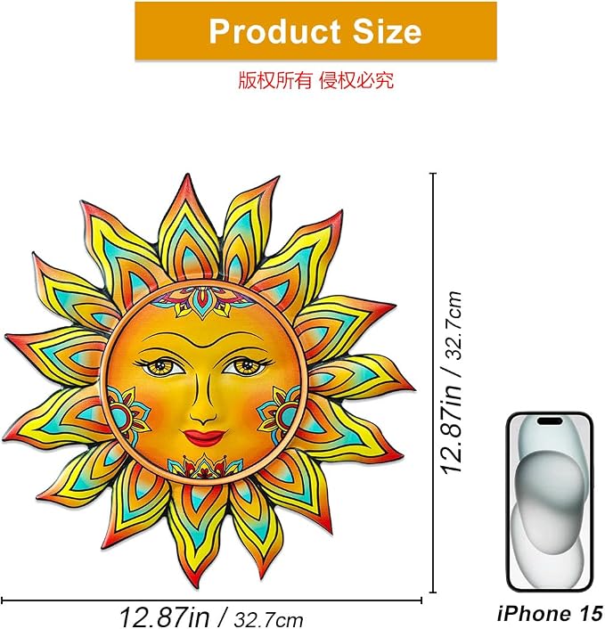 Metal Sun Flower Wall Decor - 12.87 inches Sun Wall Art Hanging Decorations for Outdoor, Home Garden Yard Patio Fence Bedroom Decor