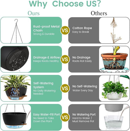 UOUZ Set of 3-10 Inch Self Watering Hanging Planters for Indoor Outdoor，Hanging Plant Pots with Drainage & Removable Tray, Hanging Pots Holder for Ivy, Pothos, Ferns, Balcony & Patio, Black with Brown