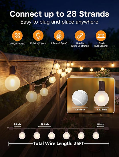 25FT Brown Outdoor String Lights, Shatterproof LED Globe String Lights with 25 G40 LED Frosted White Bulbs, Waterproof Connectable Hanging Light for Backyard Patio Porch Balcony Party Decor, E12 Base