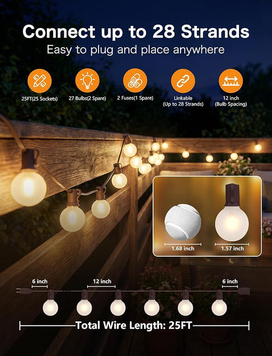 25FT Brown Outdoor String Lights, Shatterproof LED Globe String Lights with 25 G40 LED Frosted White Bulbs, Waterproof Connectable Hanging Light for Backyard Patio Porch Balcony Party Decor, E12 Base