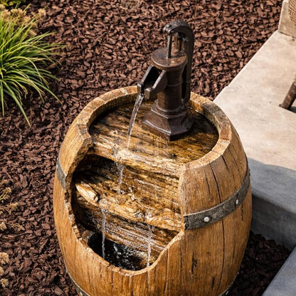 Teamson Home Vintage Barrel Waterfall Fountain with Pump for Outdoor Patio Garden Backyard Decking, 33 Inch Height, Wood | With Pump, Outdoor Patio Garden Backyard Decking, 33 Inch Height