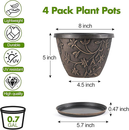 Nooulap 8 Inch Plant Pot with Drainage Hole, 4 Pack Plastic Flower Pot for Indoor Outdoor Plants, Decorative Small Planter for Desk, Balcony & Garden (Retro Brown)