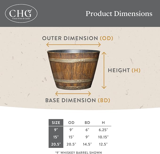 Whiskey Barrel Planters, Wooden Finish Flower Planter Pot, Decorative Garden Pots, Indoor Outdoor Resin Planters, Weather-Resistant Plant Pot (15” Oak Brown, 1-Pack) | Stylish Resin Flower Plant Pots, Indoor & Outdoor Planter, Weather-Resistant, Great ...