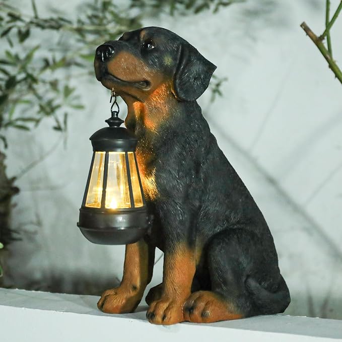Garden Dog Statues Outdoor Decor, 13" Solar Powered LED Lights Outdoor Statue Garden Decorations Rottweiler Figurine for Patio, Lawn, Yard Decor, Housewarming Garden