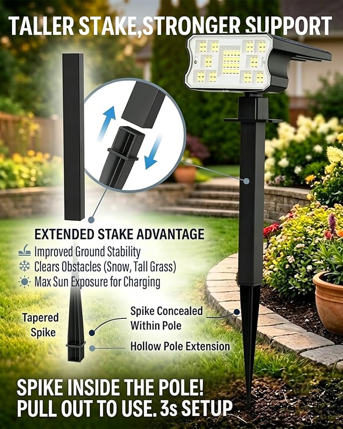 HGGH Solar Lights Outdoor Waterproof IP67, 60 LED 3 Lighting Modes Solar Spot Lights Outdoor for Yard Garden Pathway Landscape, Auto On/Off, Function 2 in 1(Cool White, 4 Pack)