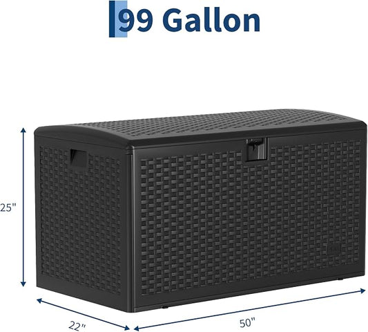 99 Gallon Waterproof Large Resin Deck Box Indoor Outdoor, Lockable Storage Container for Patio Furniture Cushions, Throw Pillows, Garden Tools, and Pool Floats, Black