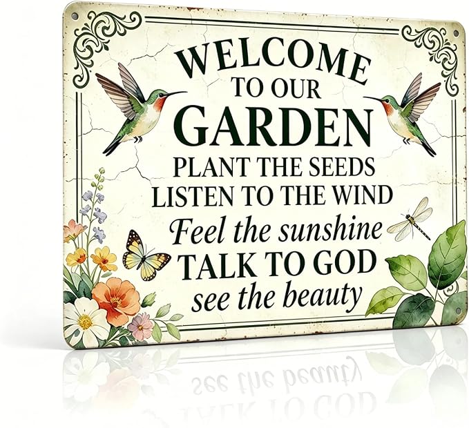 Funny Garden Metal Signs, Vintage Outdoor Wall Decor 8x12 Inch | Welcome To Our Garden Sign, Weatherproof Aluminum Sign for Patio Yard Greenhouse, Gift For Gardeners
