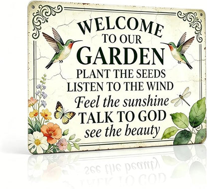 Funny Garden Metal Signs, Vintage Outdoor Wall Decor 8x12 Inch | Welcome To Our Garden Sign, Weatherproof Aluminum Sign for Patio Yard Greenhouse, Gift For Gardeners