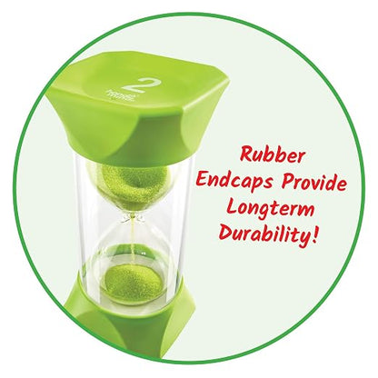hand2mind Green Jumbo Sand Timers, 2 Minute Sand Timer, Hourglass Sand Timer with Soft Rubber End Caps Offers Quiet Pausing, Classroom Sand Timers for Kids, Teeth Brushing and Game Timer (Set of 1)