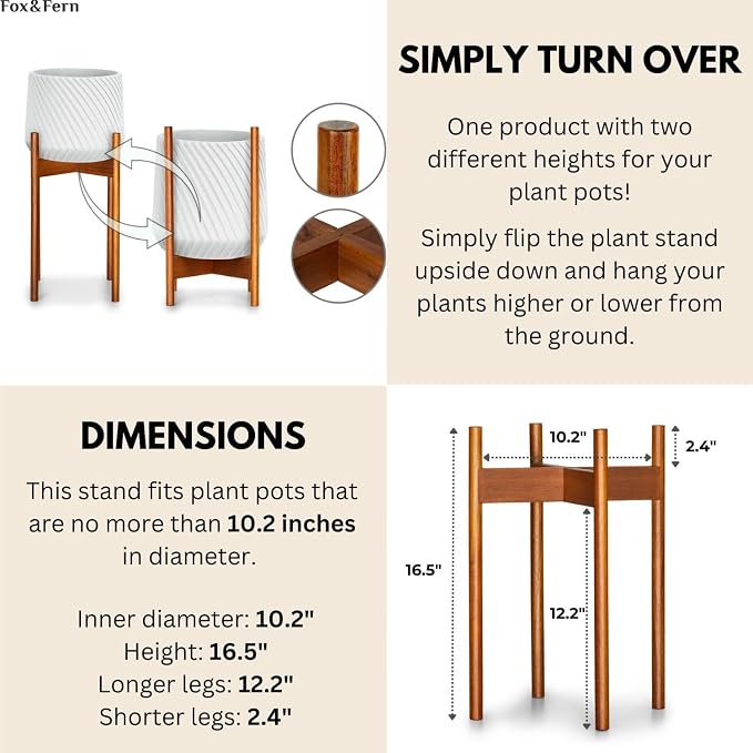Fox & Fern Mid Century Tall Plant Stand — 10 Inch Fixed Size Raised Wooden Plant Stand for Indoor Planters (Not Included); Modern Flower Pot Holder with Plug In Design; Easy to Assemble - Acacia