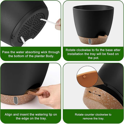 QRRICA Plant Pots 8/7/6.5/6/5.5/5 Inch Self Watering Pots, with Drainage Holes and Saucers,Water Level Indicator & Deep Reservoir,Large Plastic Planter for Indoor Out Door Plants (Black)