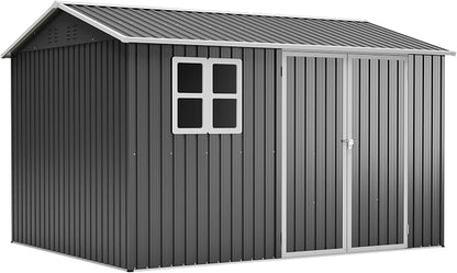 YOPTO 10x8 FT Large Outdoor Storage Shed with Window, 2 Lockable Doors & Sloped Roof, Heavy Duty Metal Tool Shed for Garden, Patio, Backyard, Lawn, Dark Gray