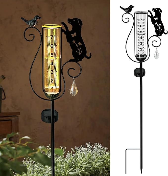 Solar Dog Bird Garden Stake, Outdoor Rain Gauge for Yard Lawn Pathway Decor