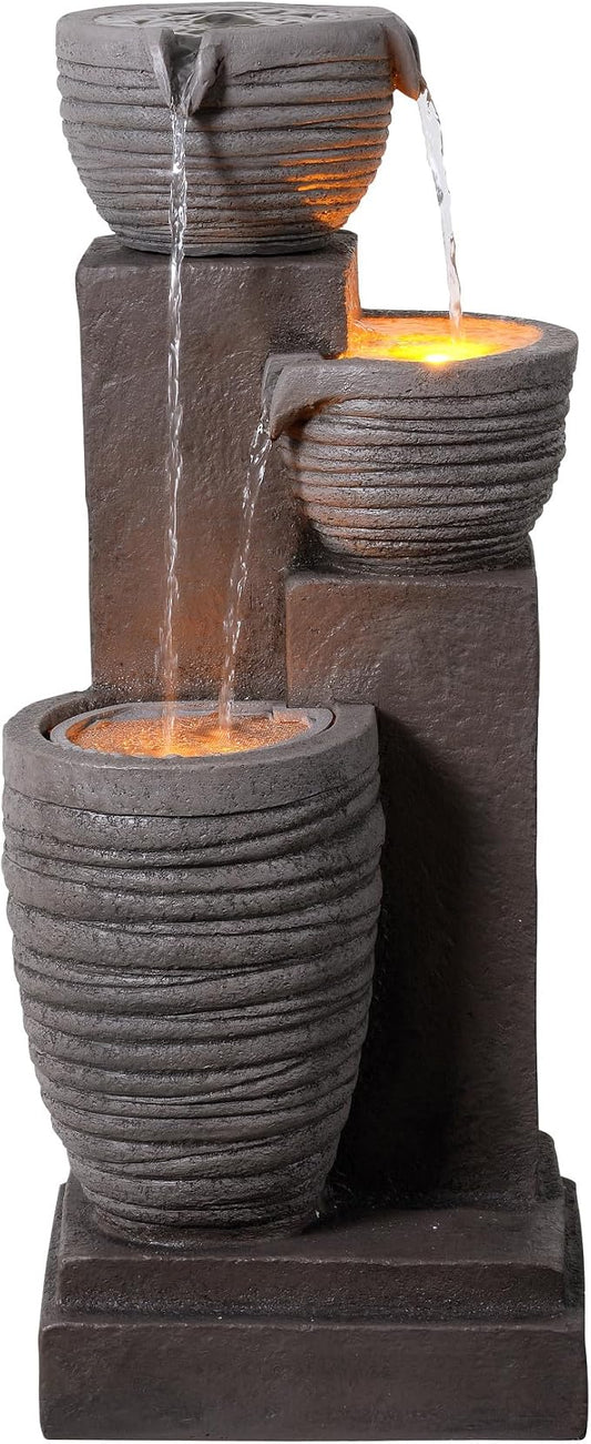 Teamson Home Horizontal Ribbed Pattern Outdoor Water Fountain, Warm Gray | Warm Glow Lighting, Adjustable Flow, Electric Pump