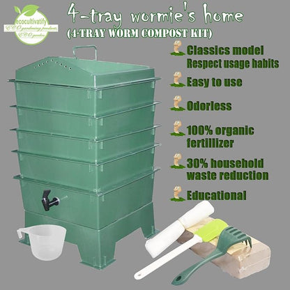 4-Tray Worm Compost Bin, Worm Composter for Outdoor & Indoor, ecocultivatify Wormie's Home, Worm Bin Set for Recycling Household Waste (Dark Green)