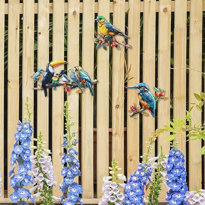 3 Pcs Metal Birds Wall Art Garden Decor, 3D Colorful Birds Outdoor Wall Art Yard Patio Fence Decoration, Hummingbird Parrot Toucan Wall Hanging Sculpture Outside Gift for Women Mom