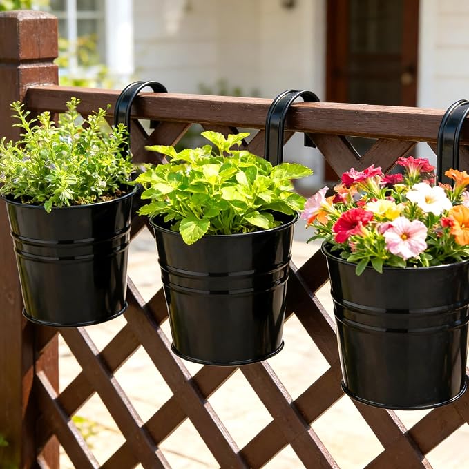 KINGLAKE Flower Pots,10 Pcs Metal Iron Hanging Flower Plant Pot Balcony Garden Plant Planter Baskets Fence Bucket Pots 6.3'' Flower Holders with Detachable Hook Black