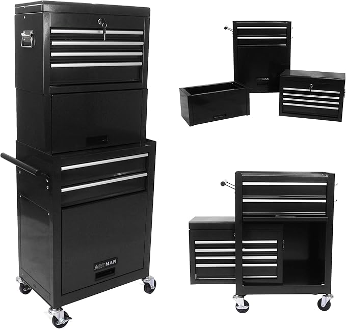 6-Drawer Tool Chest, Detachable Top for Garage, Black 3Set | Rolling Mobile Storage Cabinet Organizer with Lockable Wheels for Workshop Utility, Heavy Duty Metal Construction