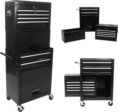 6-Drawer Tool Chest, Detachable Top for Garage, Black 3Set | Rolling Mobile Storage Cabinet Organizer with Lockable Wheels for Workshop Utility, Heavy Duty Metal Construction