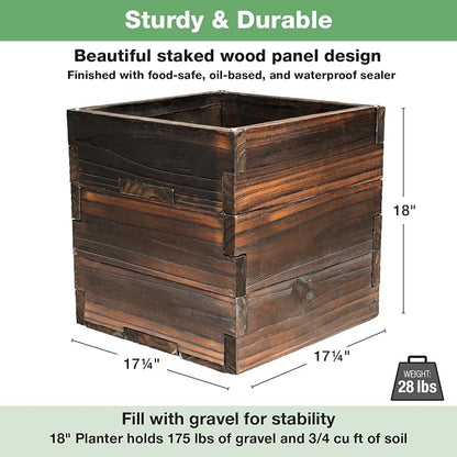 Extra Large Decorative Wooden Planter with Universal Pole Support for String Light Poles, Umbrellas, Bird Feeders. Solid Wood Outdoor Garden Patio Box for Plants or Flowers, 17"x17"x18", Brown