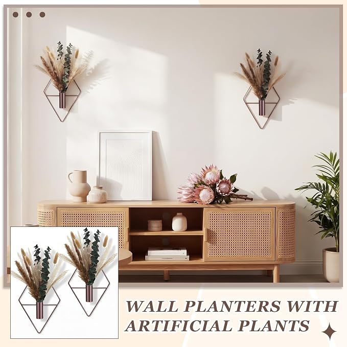 Jexine 8 Pcs Hanging Planters with Artificial Pampas Metal Hanging Vase Indoor Plants Holder Modern Geometric Boho Bathroom Wall Decor for Living Room Home Office(Bronze)