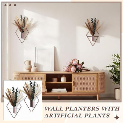 Jexine 4 Pcs Hanging Planters with Artificial Pampas Metal Hanging Vase Indoor Plants Holder Modern Geometric Boho Bathroom Wall Decor for Living Room Home Office, Bronze